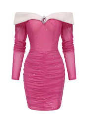 ★ ★Pink CKJ Off Duty Holiday Round Shoulde PINK Pink 1960s Glitter Off-Shoulder Plush Wrinkle Dress | Retro