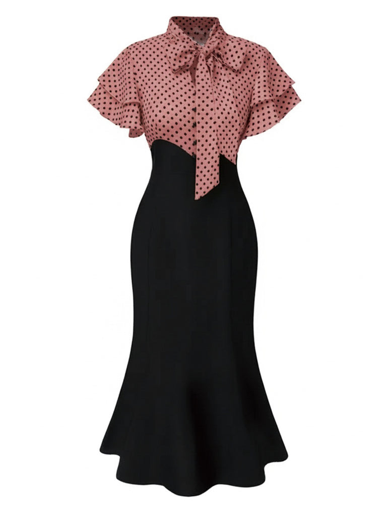 Black 1930s Dots Tie Neck Mermaid Dress