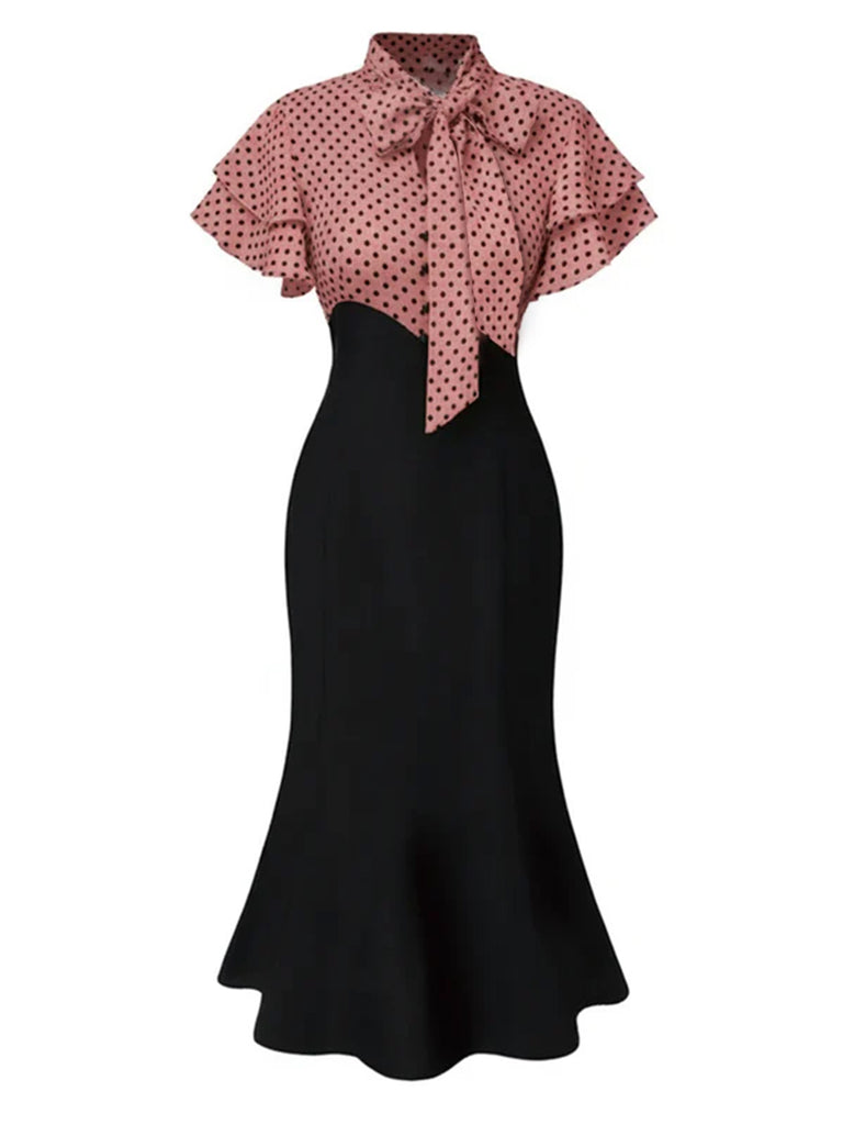 Red 1930s Dots Tie Neck Mermaid Dress