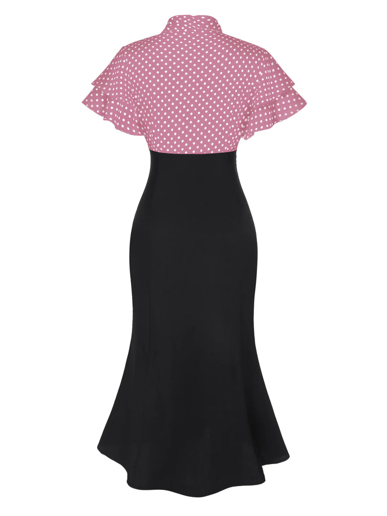 Black 1930s Dots Tie Neck Mermaid Dress
