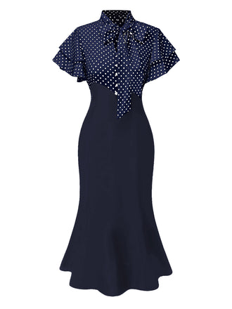 [Pre-Sale] Blue 1930s Dots Tie Neck Mermaid Dress