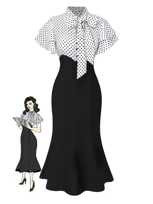 Black 1930s Dots Tie Neck Mermaid Dress