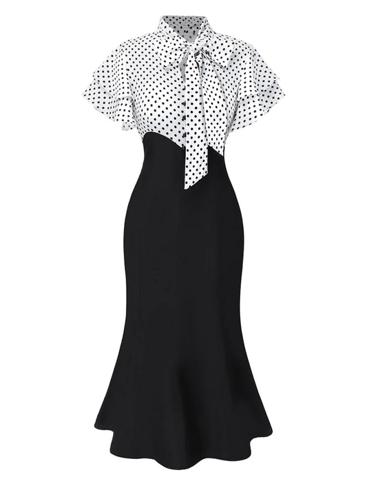 Black 1930s Dots Tie Neck Mermaid Dress