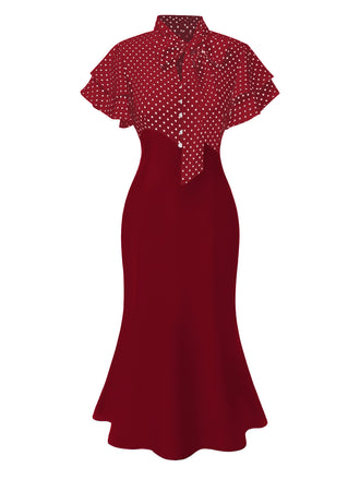 Red 1930s Dots Tie Neck Mermaid Dress