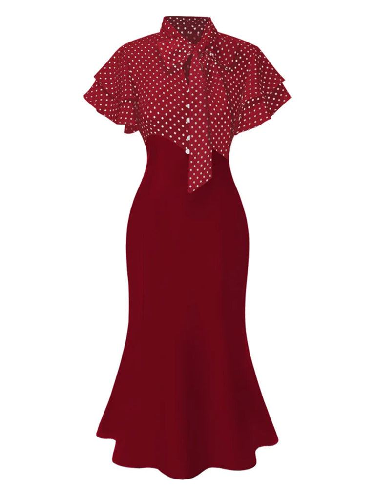 Black & Pink 1930s Dots Tie Neck Mermaid Dress