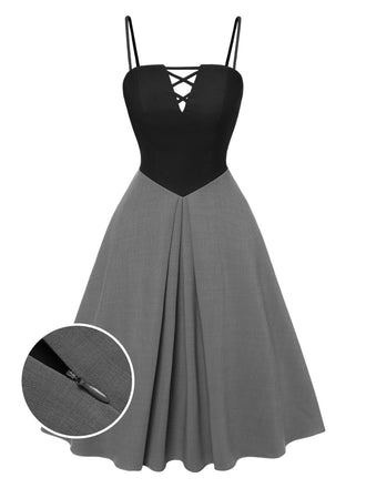 Gray 1940s Colorblock Pleated Suspender Dress