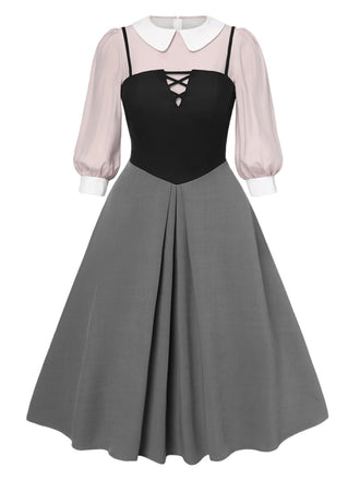 [Pre-Sale] [Plus Size] 2PCS 1940s Colorblock Pink Blouse & Gray Dress