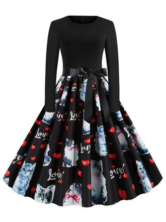 Black 1950s Cat Heart Belted Dress