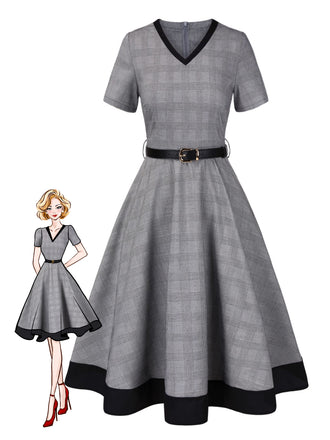 Grey 1950s Plaid V-Neck Belted Dress