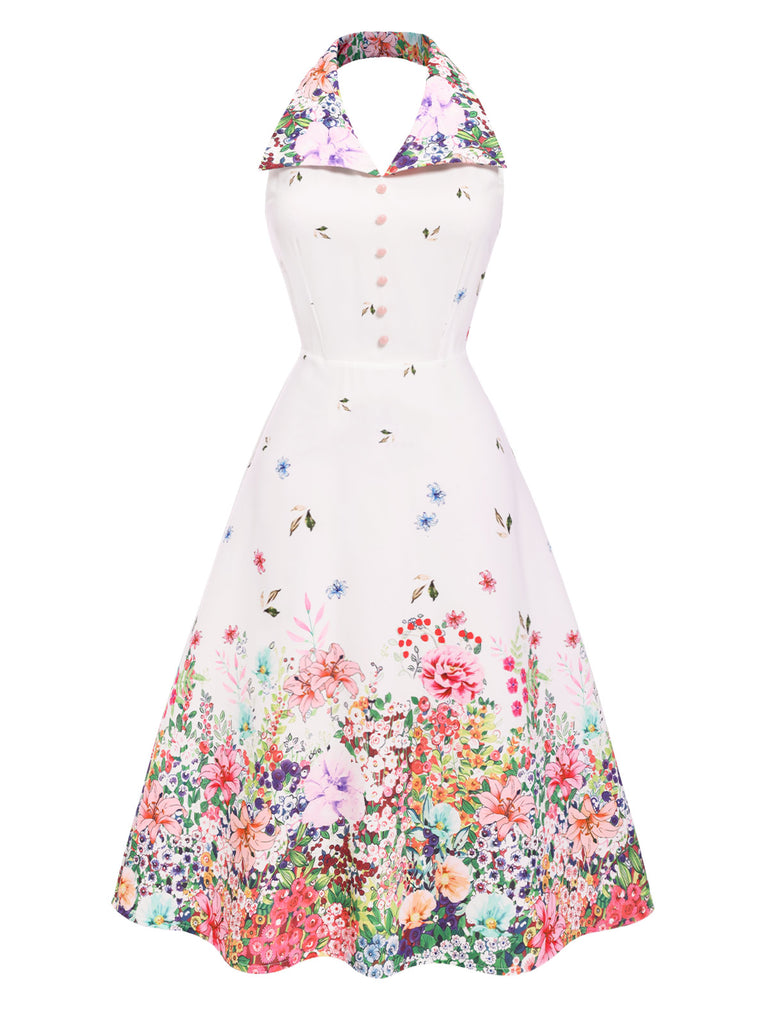 White 1940s Floral Lapel Patchwork Dress