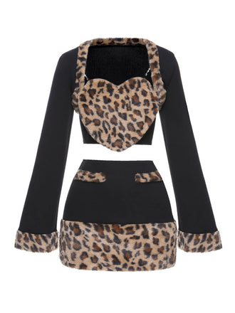 2PCS Black 1960s Plush Leopard Sweetheart Top & Skirt & Coat
