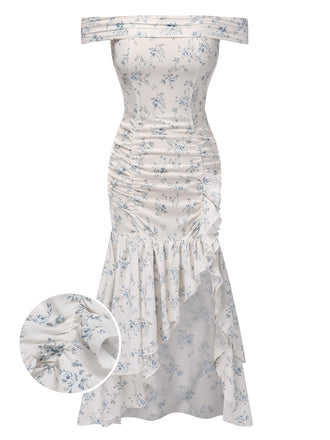 Blue 1930s Off-Shoulder Floral Ruffles Hem Dress