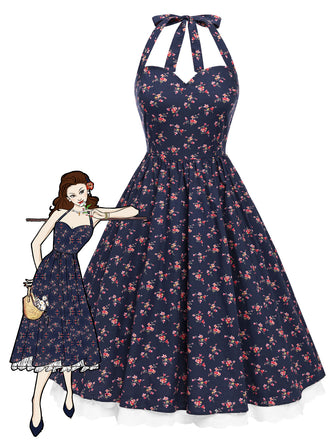 Blue 1950s Halter Lace Pure Cotton Floral Dress