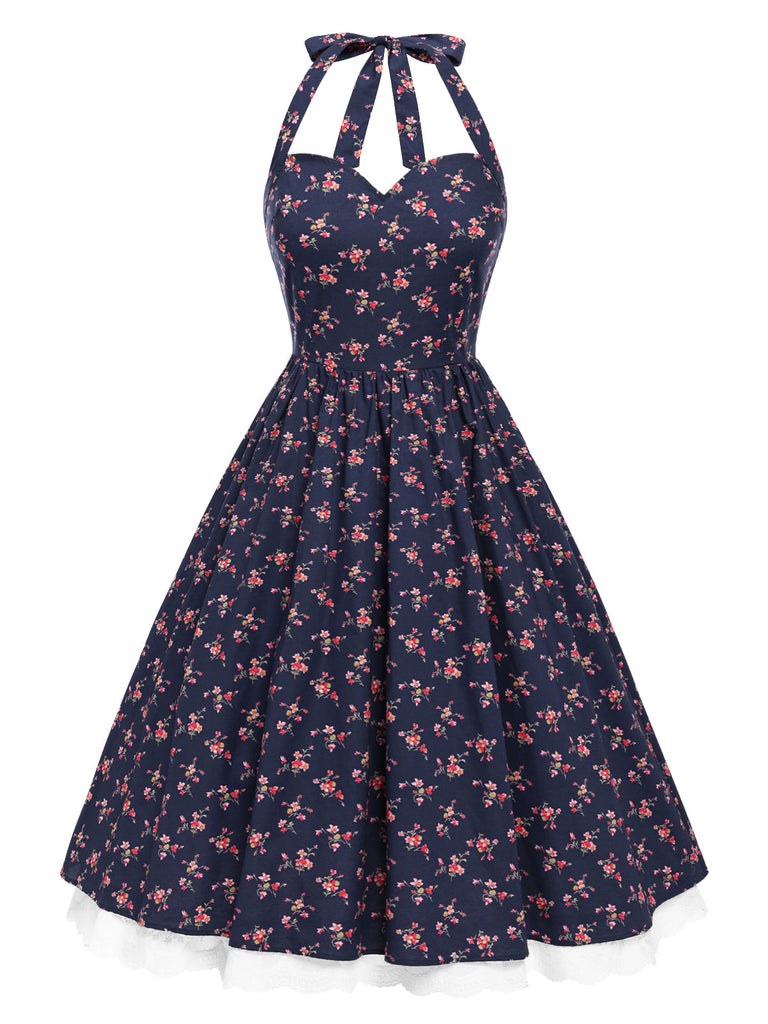 Blue 1950s Halter Lace Pure Cotton Floral Dress