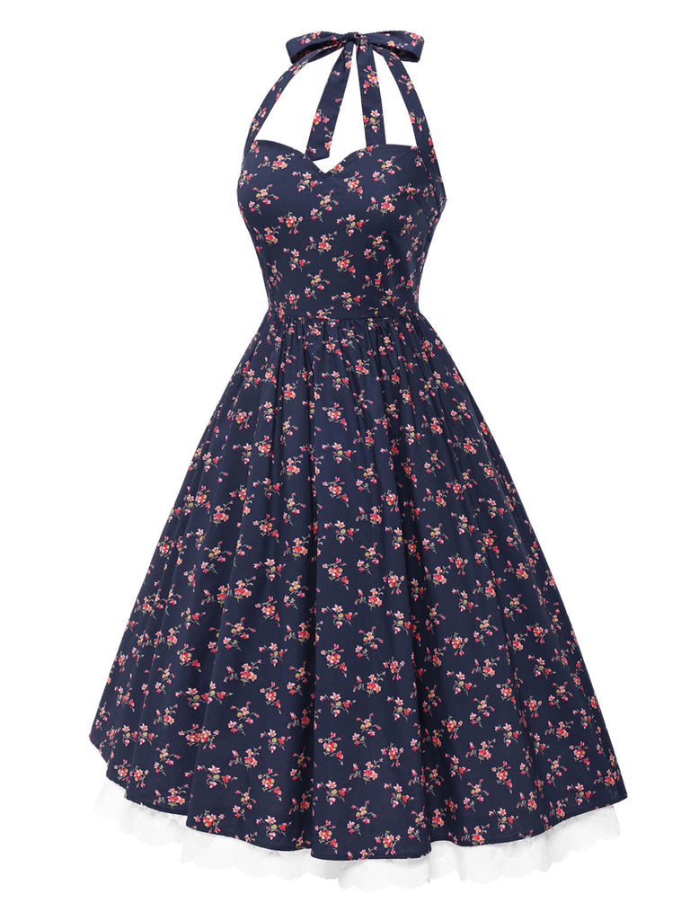 Blue 1950s Halter Lace Pure Cotton Floral Dress
