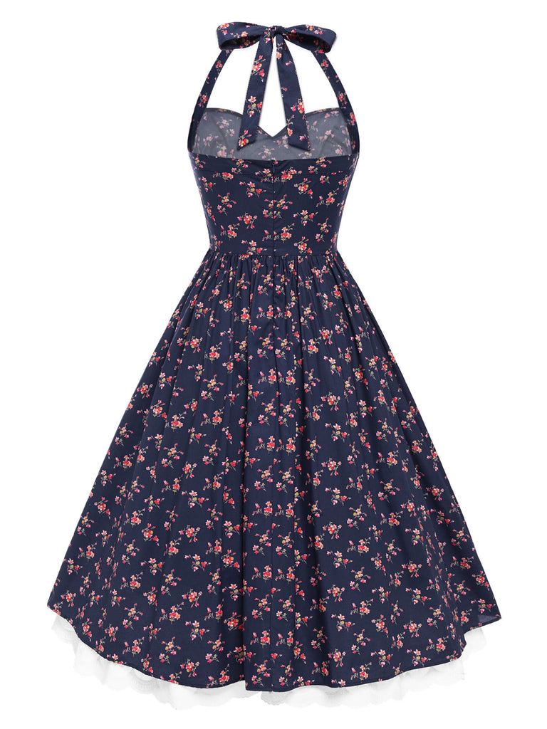 Blue 1950s Halter Lace Pure Cotton Floral Dress