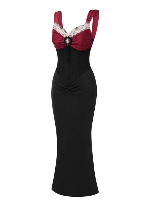 [Pre-Sale] Wine Red 1930s Contrast Fishbone Mermaid Dress