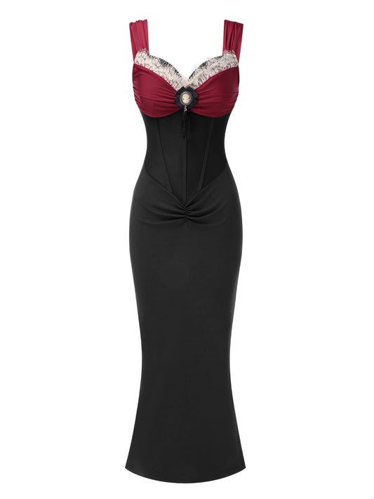 [Pre-Sale] Wine Red 1930s Contrast Fishbone Mermaid Dress