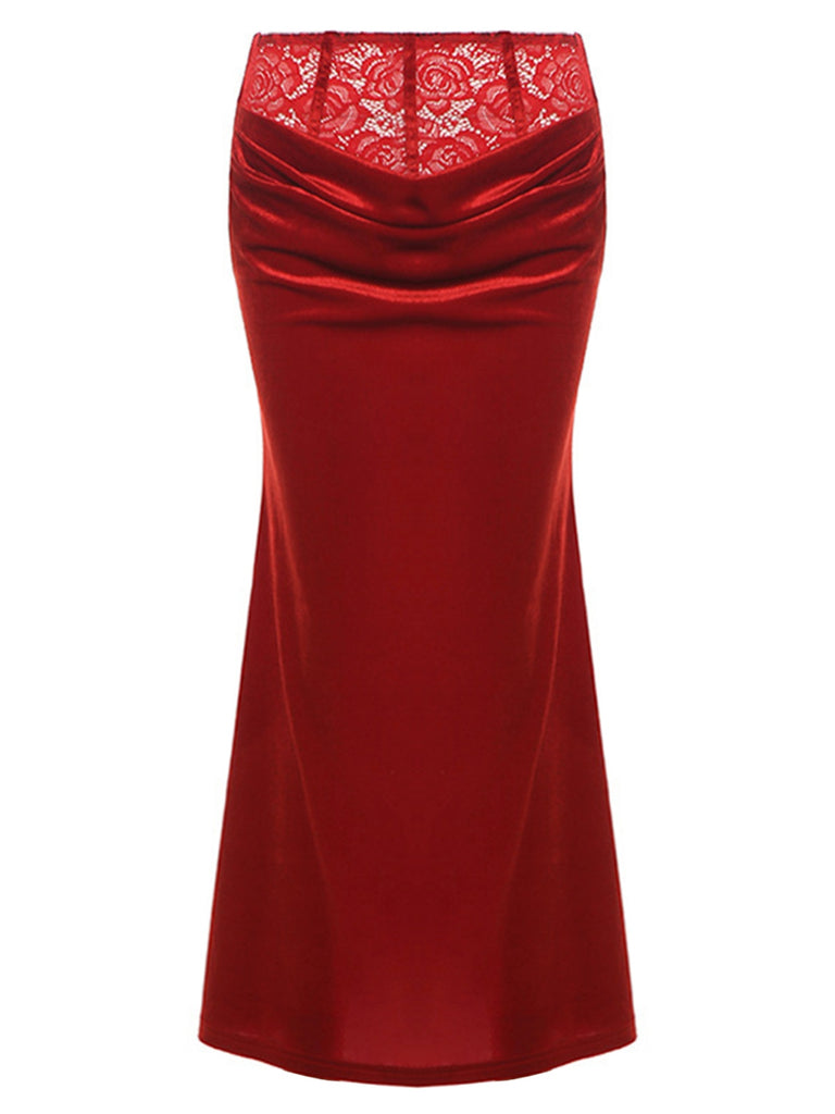 2PCS Red 1930s Velvet Lace Patchwork Top & Skirt