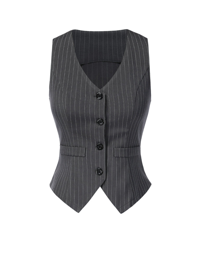Dark Gray 1960s V-Neck Pinstripes Sleeveless Top