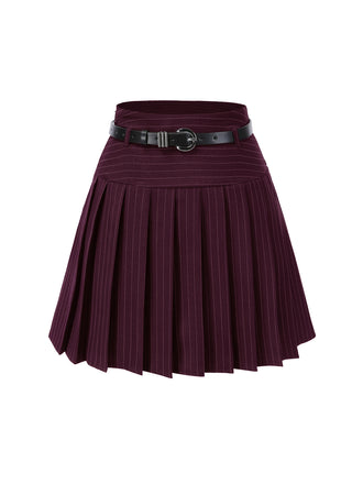 Wine Red 1960s Pinstripes Belted Pleated Skirt