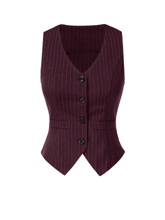 Wine Red 1960s V-Neck Pinstripes Sleeveless Top
