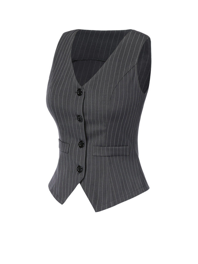 Dark Gray 1960s V-Neck Pinstripes Sleeveless Top