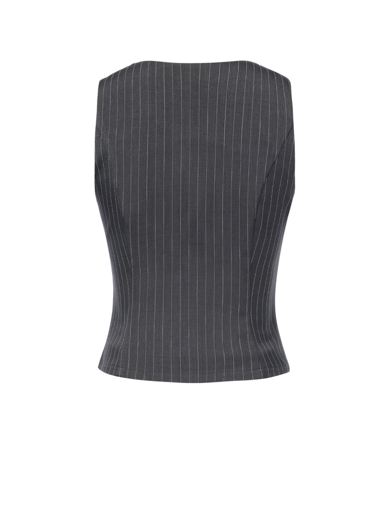 Dark Gray 1960s V-Neck Pinstripes Sleeveless Top