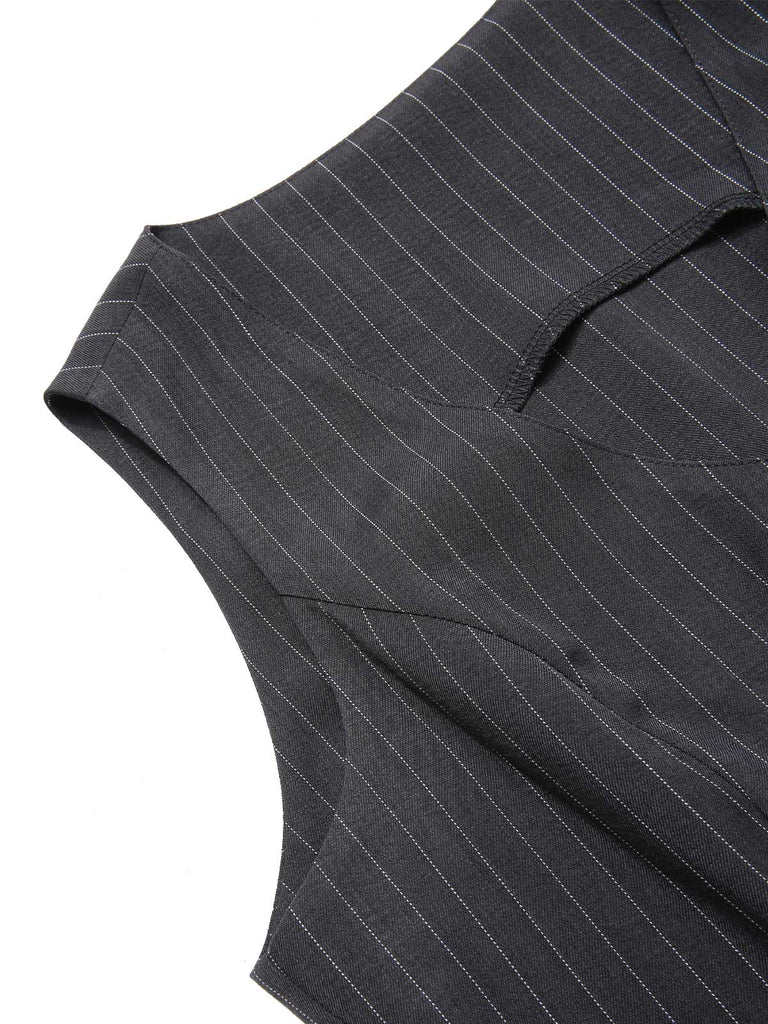 Dark Gray 1960s V-Neck Pinstripes Sleeveless Top