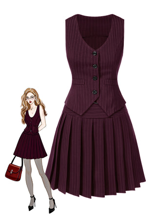 2PCS Wine Red 1960s Pinstripes Top & Pleated Skirt