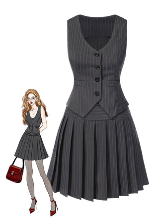 2PCS Dark Gray 1960s Pinstripes Top & Pleated Skirt