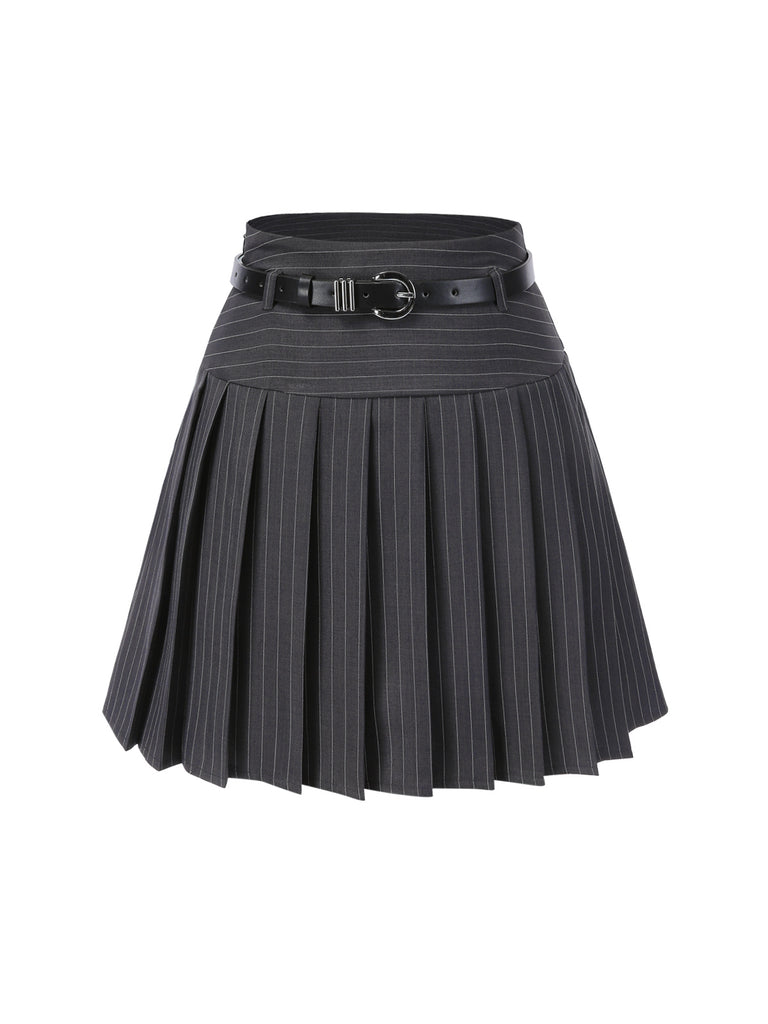 2PCS Dark Gray 1960s Pinstripes Top & Pleated Skirt