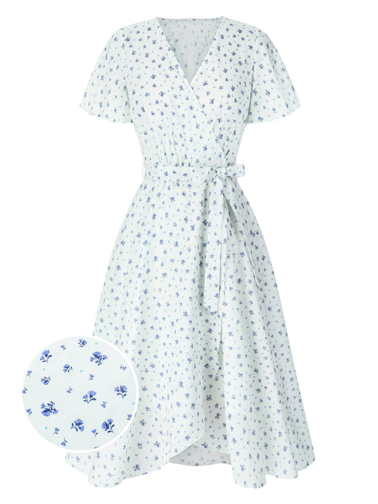 White 1940s Cotton Slanted Tie Floral Dress