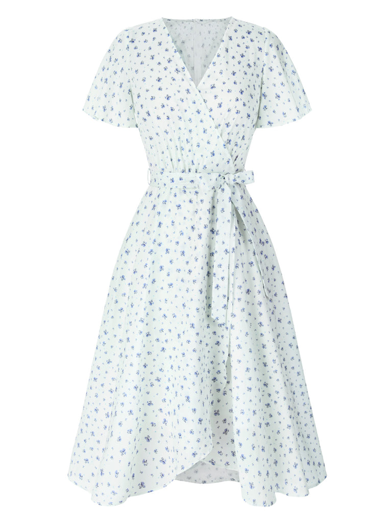 White 1940s Cotton Slanted Tie Floral Dress