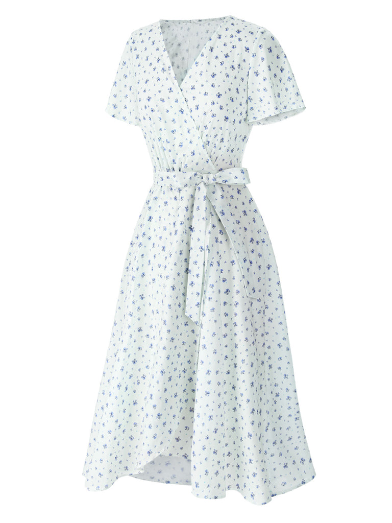 White 1940s Cotton Slanted Tie Floral Dress