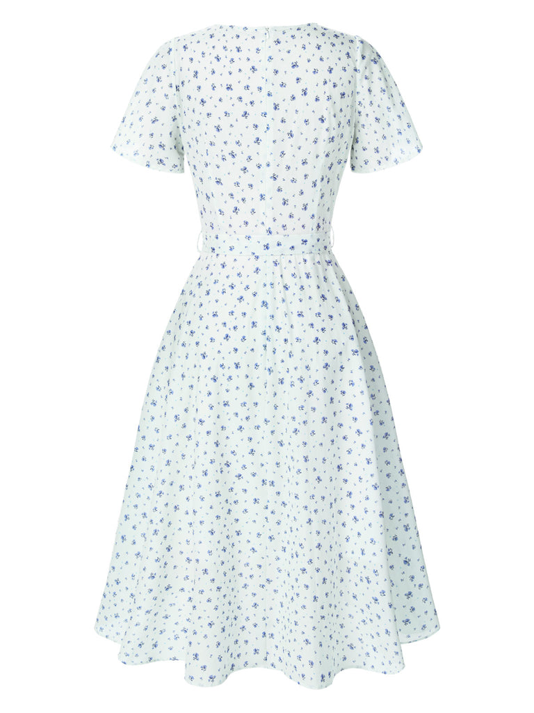 White 1940s Cotton Slanted Tie Floral Dress