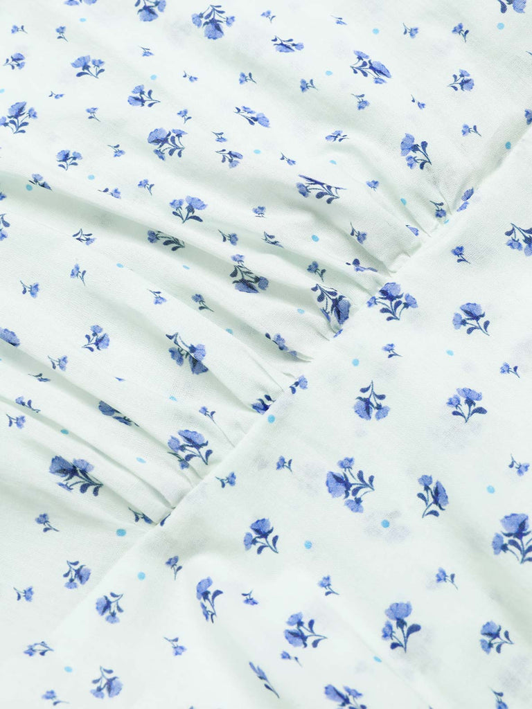White 1940s Cotton Slanted Tie Floral Dress