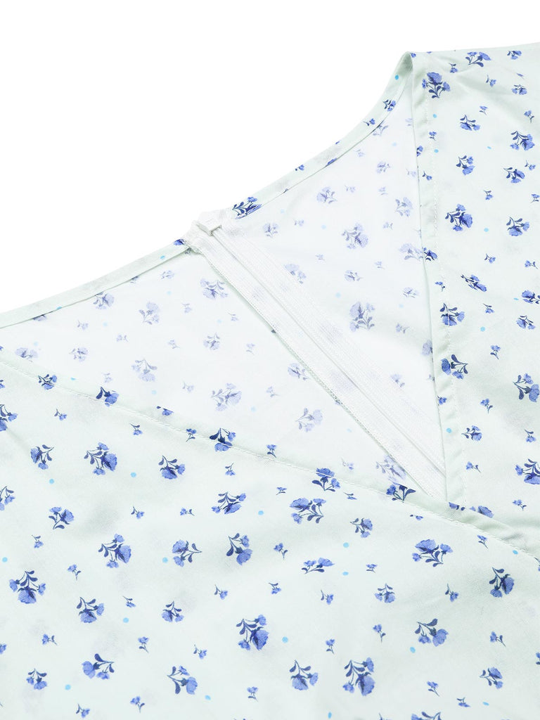 White 1940s Cotton Slanted Tie Floral Dress