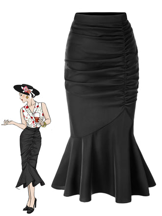 Black 1930s Asymmetric Pleated Fishtail Skirt