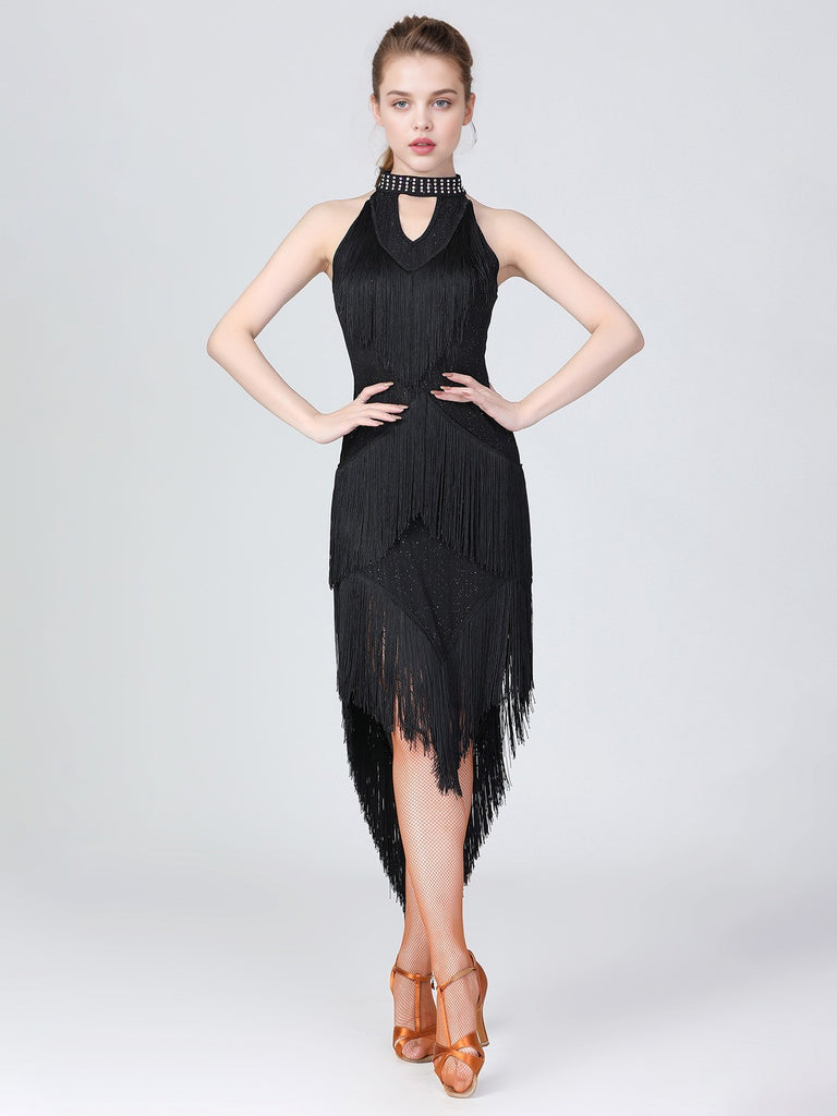 1920s Solid Beaded Fringed Hem Dress