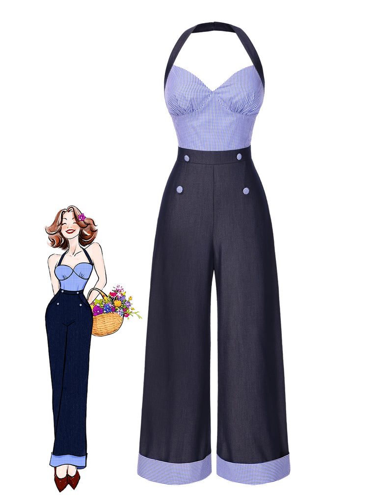 [Pre-Sale] Dark Blue 1930s Check Halter Patchwork Jumpsuit