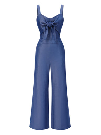 Blue 1930s Solid Tencel Denim Knotted Jumpsuit