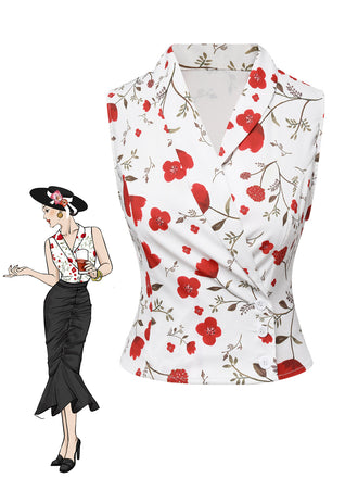 White 1930s Floral Asymmetric Lapel Top