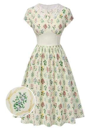 Beige 1940s Floral Lace Collar Cap Sleeve Dress