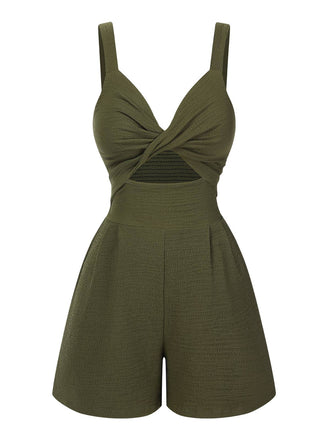 Green 1940s Solid Hollow-Out Twisted Romper