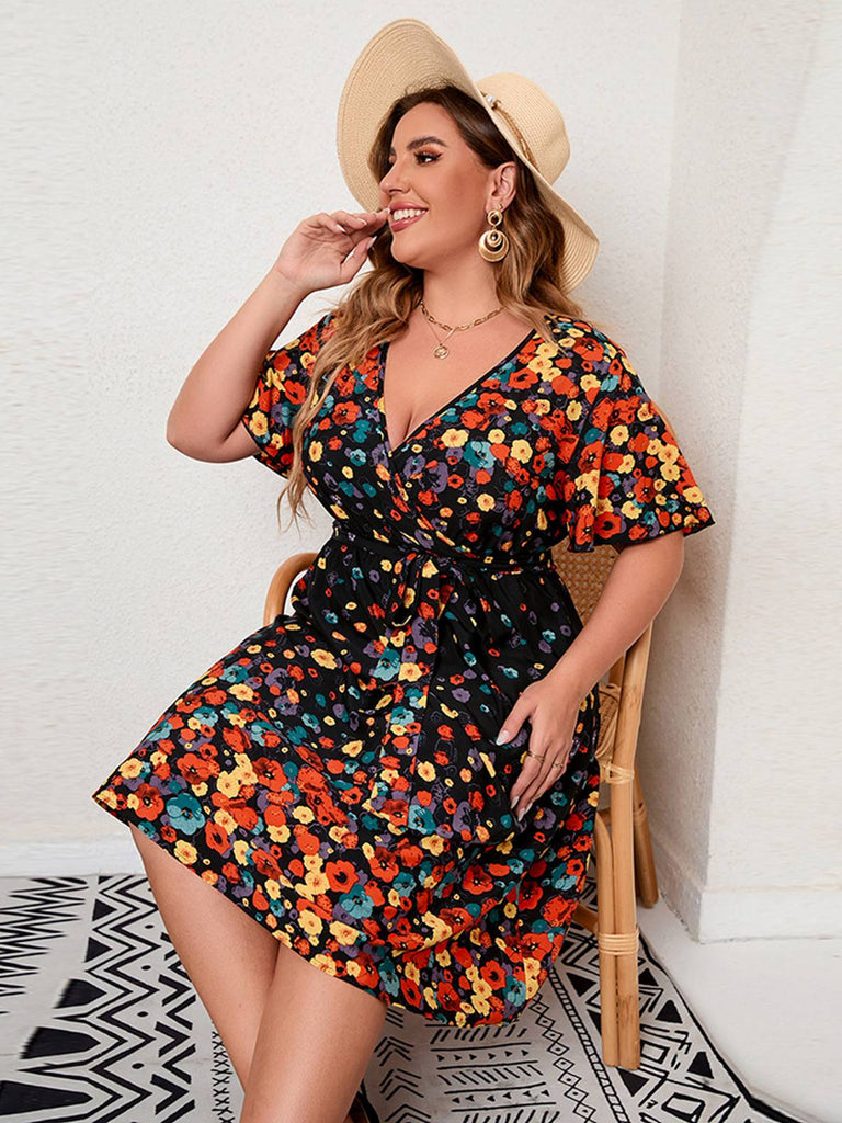 [Plus Size] 1950s Multicolored Floral Flare Sleeve Dress