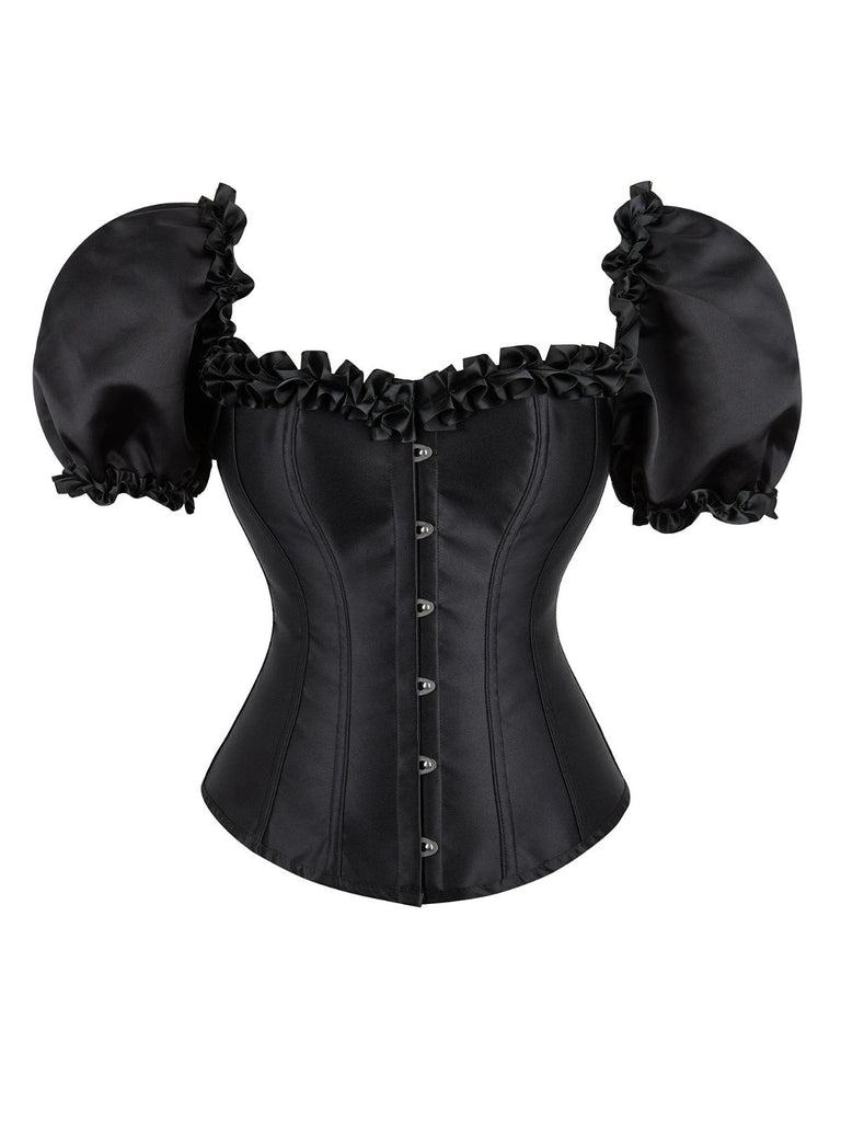 Black 1980s Solid Gothic Puff Sleeve Square Neck Corset Top