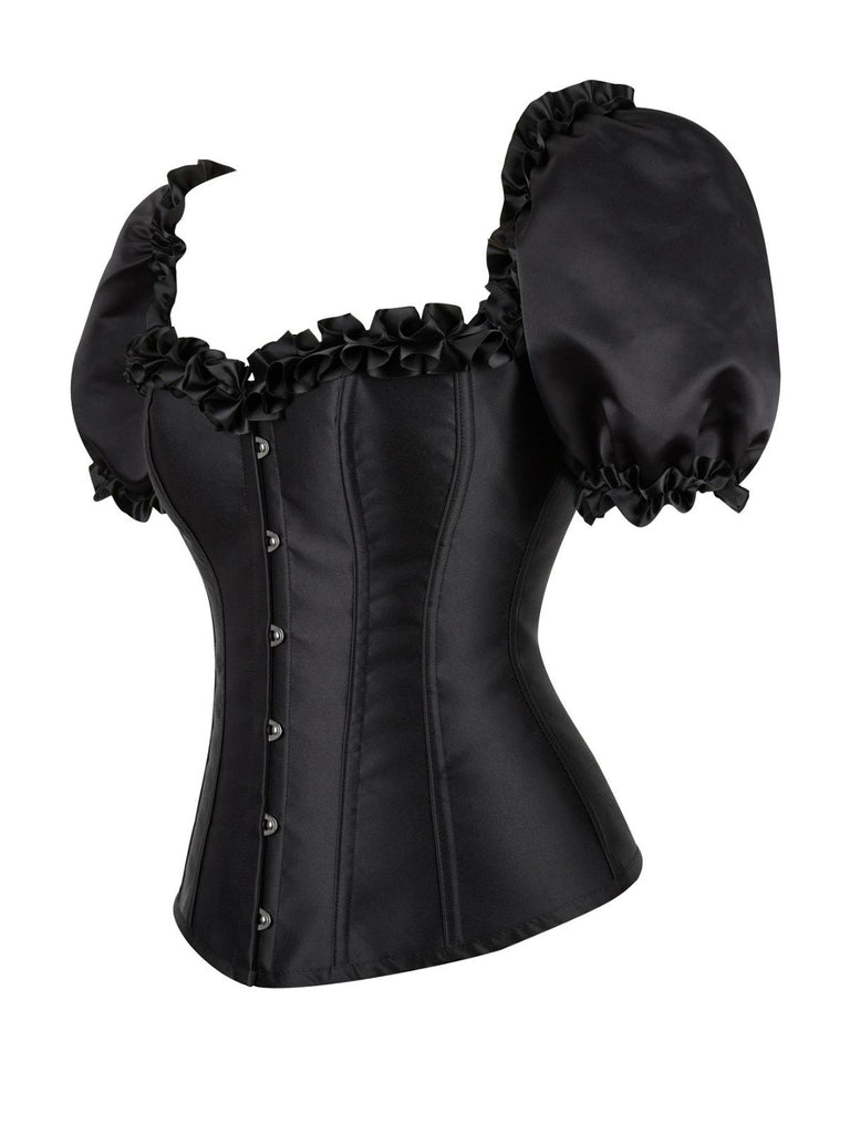 Black 1980s Solid Gothic Puff Sleeve Square Neck Corset Top