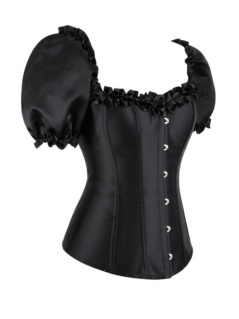Black 1980s Solid Gothic Puff Sleeve Square Neck Corset Top