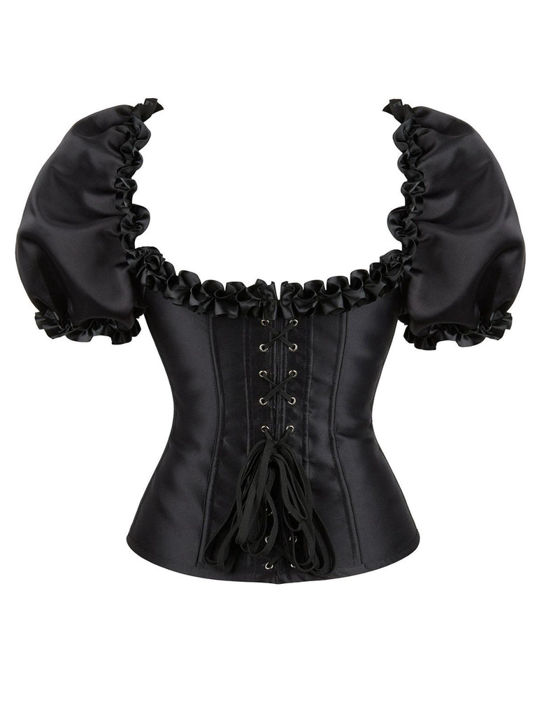 Black 1980s Solid Gothic Puff Sleeve Square Neck Corset Top